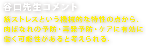 谷口先生コメント 筋ストレスという機械的な特性の点から、肉ばなれの予防・再発予防・ケアに有効に働く可能性があると考えられる。